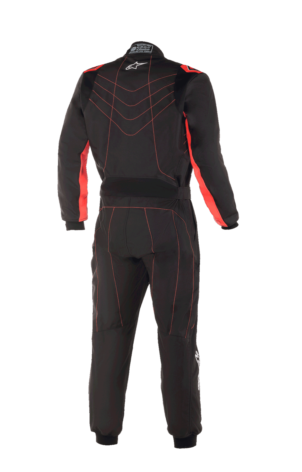 Alpinestars Youth KMX-9 V3 Suit, Karting Suit, Black and Red Fluo, rear view featuring red contrast stitching in a chevron pattern on the back, red panels on the inner arms, small white star logo on the collar, and an adjustable waist belt for a professional racing look.
