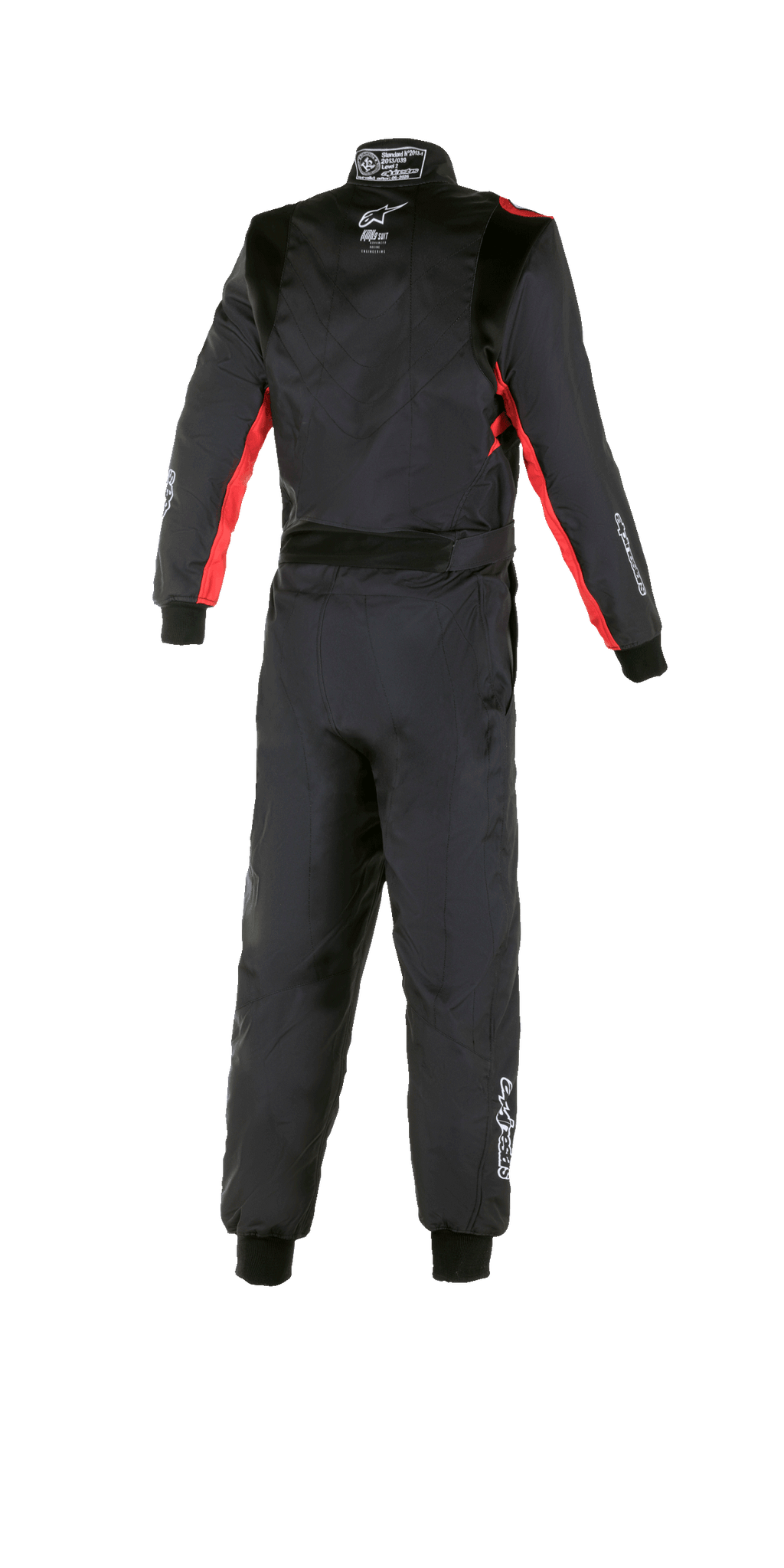 Alpinestars Youth KMX-9 V2 Graphic 3 Suit, Karting Suit, Black and Red, rear view, featuring red accents on sleeves and sides, white Alpinestars logos on back and leg, one-piece protective racing suit.