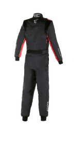 Alpinestars Youth KMX-9 V2 Graphic 3 Suit, Karting Suit, Black and Red, rear view, featuring red accents on sleeves and sides, white Alpinestars logos on back and leg, one-piece protective racing suit.
