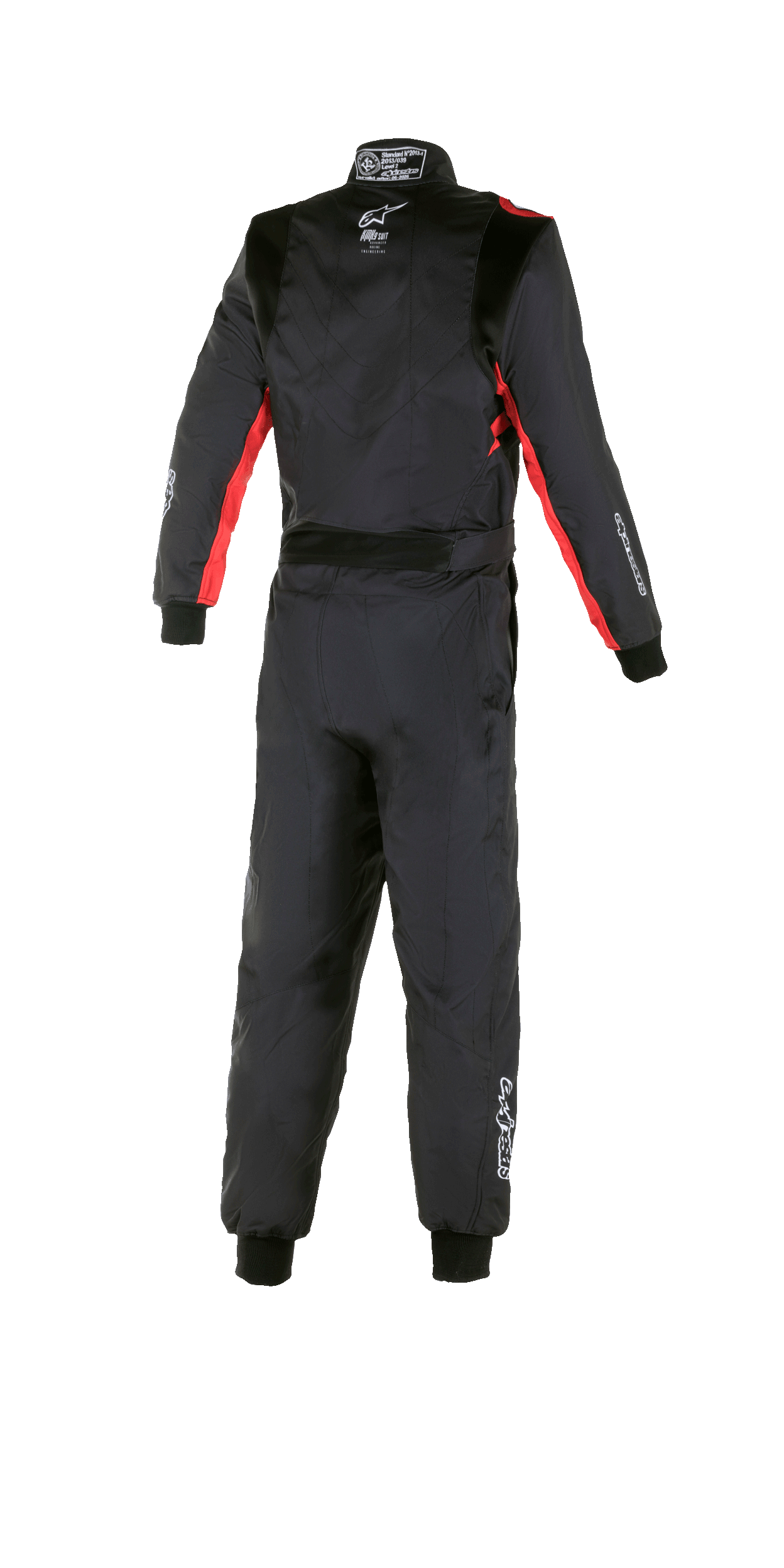 Alpinestars Youth KMX-9 V2 Graphic 3 Suit, Karting Suit, Black and Red, rear view, featuring red accents on sleeves and sides, white Alpinestars logos on back and leg, one-piece protective racing suit.