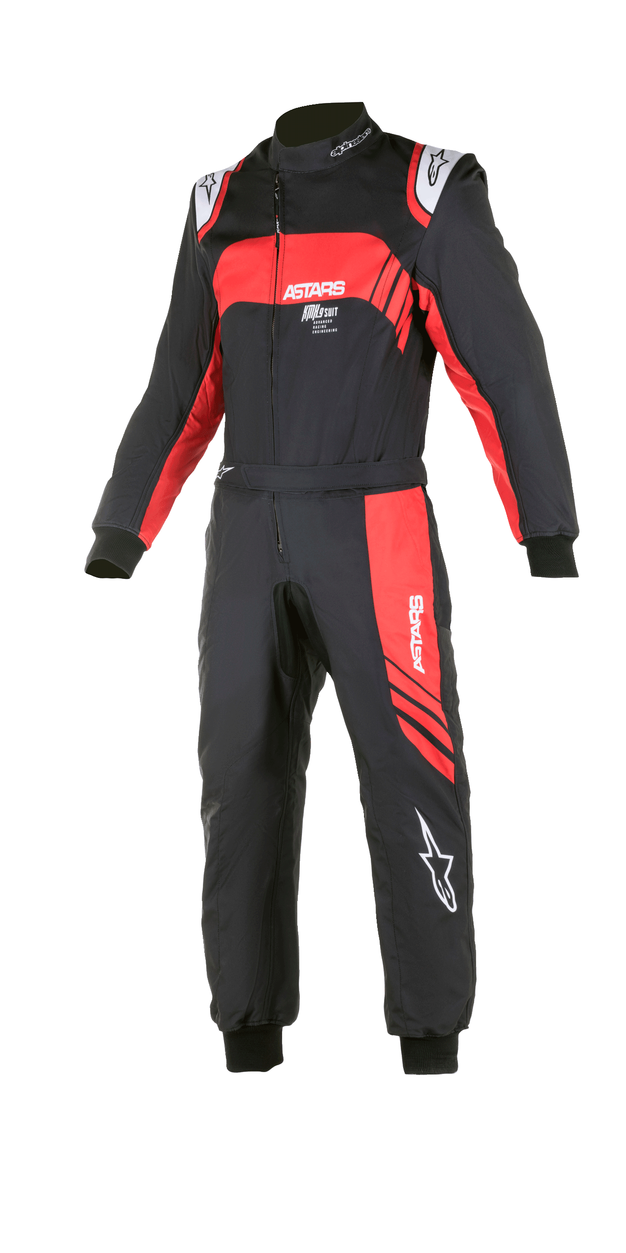 Alpinestars Youth KMX-9 V2 Graphic 3 Suit, Karting Racing Suit, Black and Red, one-piece design with asymmetrical front zipper, featuring white ASTARS logos and red graphic panels, black knitted wrist and ankle cuffs