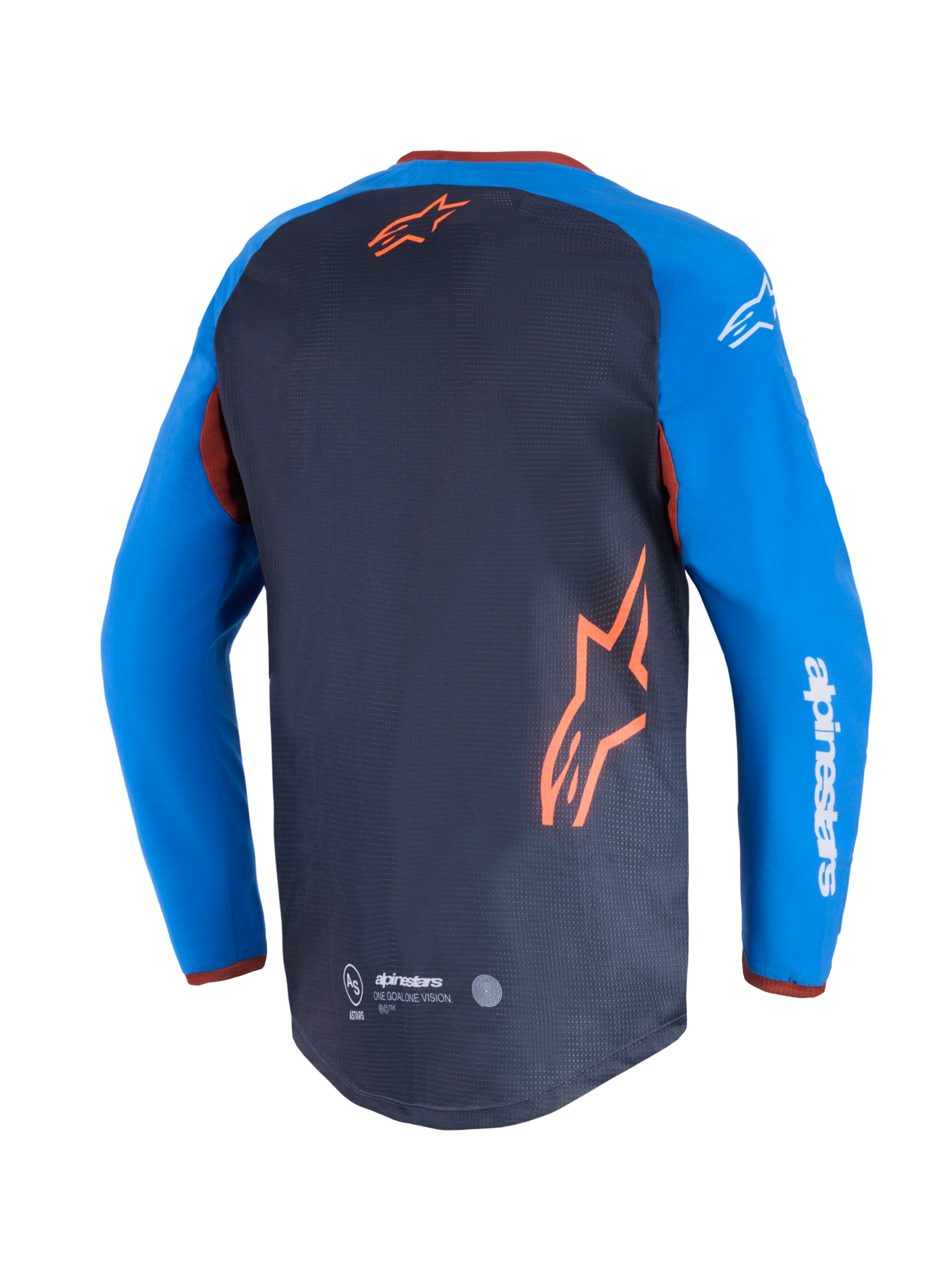Alpinestars Maxdura Dual Jersey, Motorcycle Jersey, Deep Gray and Royal Blue, back view showing mesh torso panel and orange star logo, royal blue sleeves with white Alpinestars text, drop-tail hem for off-road performance