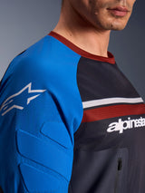 Alpinestars Maxdura Dual Jersey, Motorcycle Jersey, Deep Gray and Royal Blue, close-up view showing zippered chest pocket, mesh torso fabric, and integrated sleeve padding with star logo