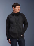 Alpinestars MO.ST.EQ Hybrid Hooded Jacket, Black, mid-season padded hoodie featuring an angled front zipper and seamless chest panels, urban motorcycle streetwear worn with dark jeans.