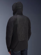 Alpinestars MO.ST.EQ Hybrid Hooded Jacket, back view, black padded motorcycle hoodie, seamless back panel with subtle tonal graphic, hood with retention snap, urban streetwear style for riders