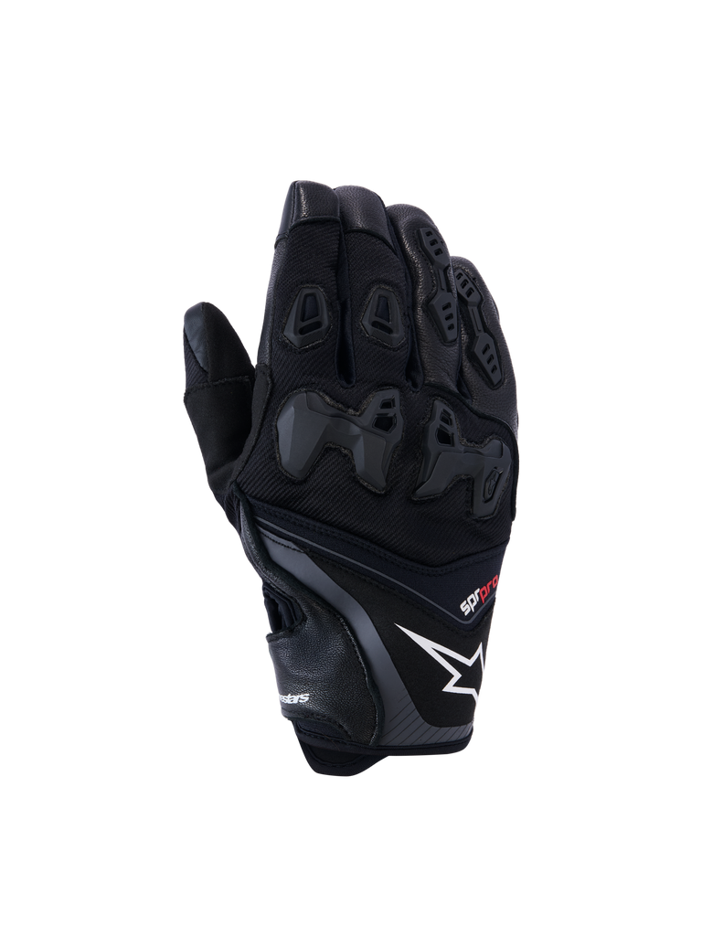 Alpinestars SP-R Pro Gloves, Black motorcycle racing gloves featuring a white star logo and red pro text, divided TPU knuckle protection and reinforced finger panels, premium leather and textile construction for sport riding