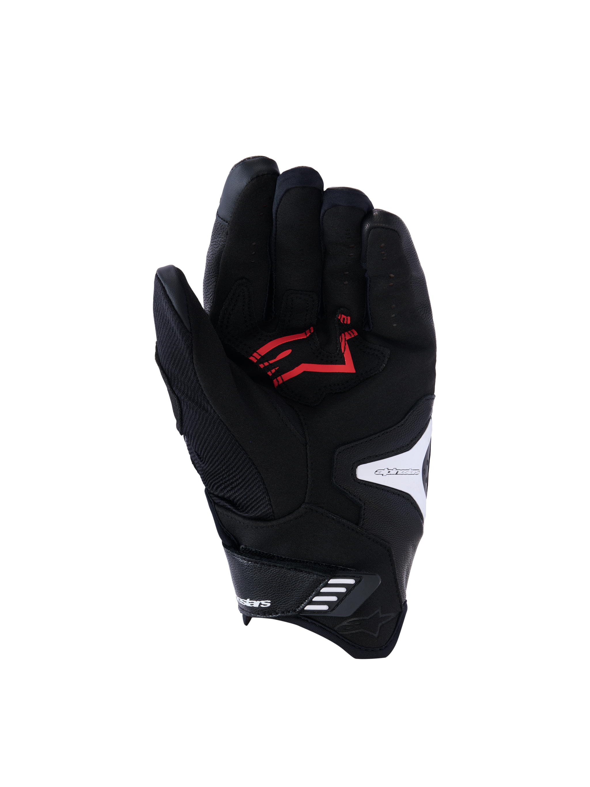 Alpinestars SP-R Pro Gloves, Palm View, Black White and Bright Red, featuring reinforced synthetic leather palm with red logo, perforated leather fingers, and white logo accents, designed for sport motorcycle riding