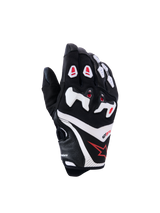 Alpinestars SP-R Pro Gloves, Motorcycle Racing Gloves, Black with White and Red Accents, Backhand View featuring Divided TPU Knuckle Protection, Textured Leather and Mesh Construction, Red Star Logo on the wrist