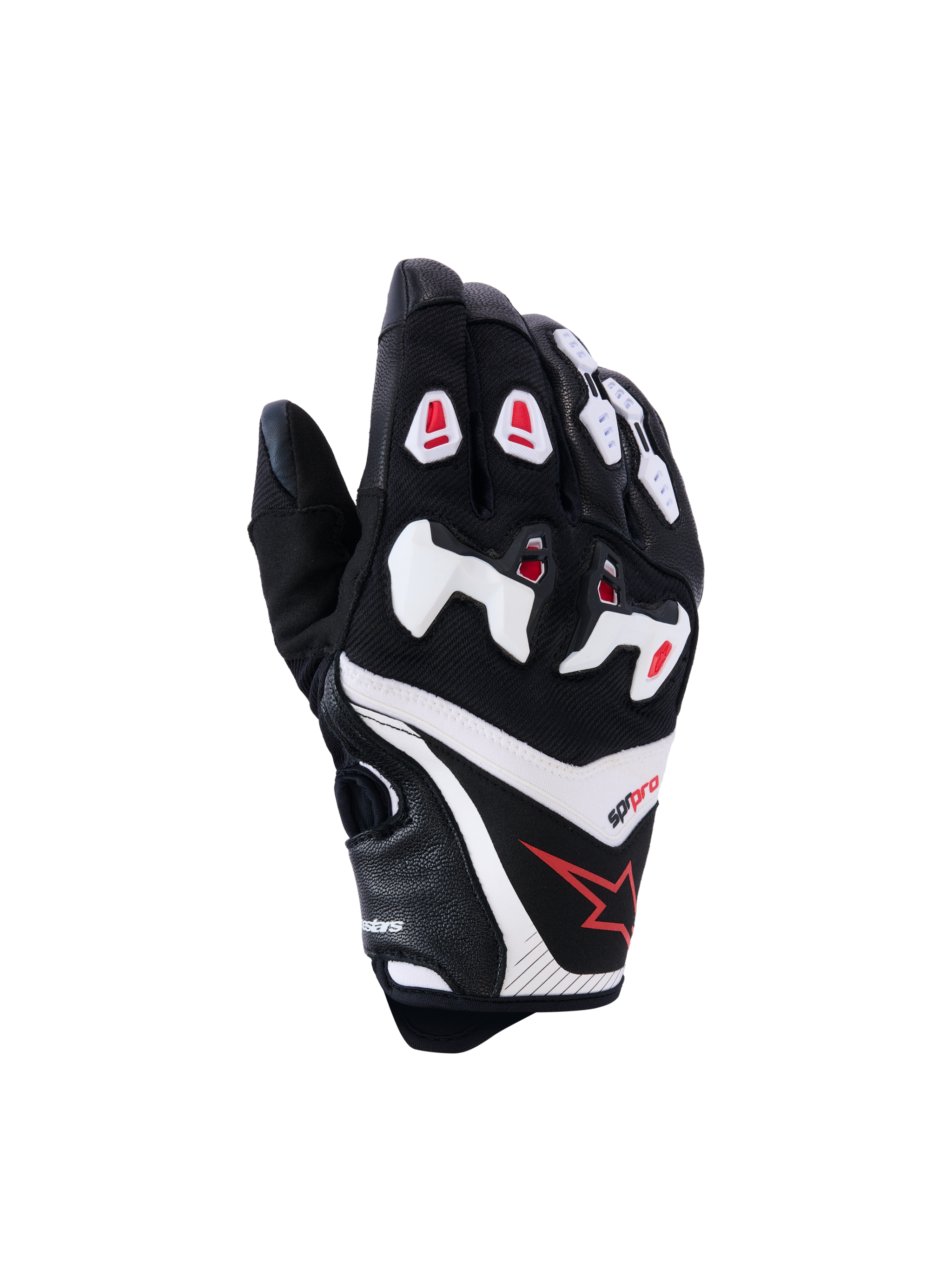 Alpinestars SP-R Pro Gloves, Motorcycle Racing Gloves, Black with White and Red Accents, Backhand View featuring Divided TPU Knuckle Protection, Textured Leather and Mesh Construction, Red Star Logo on the wrist