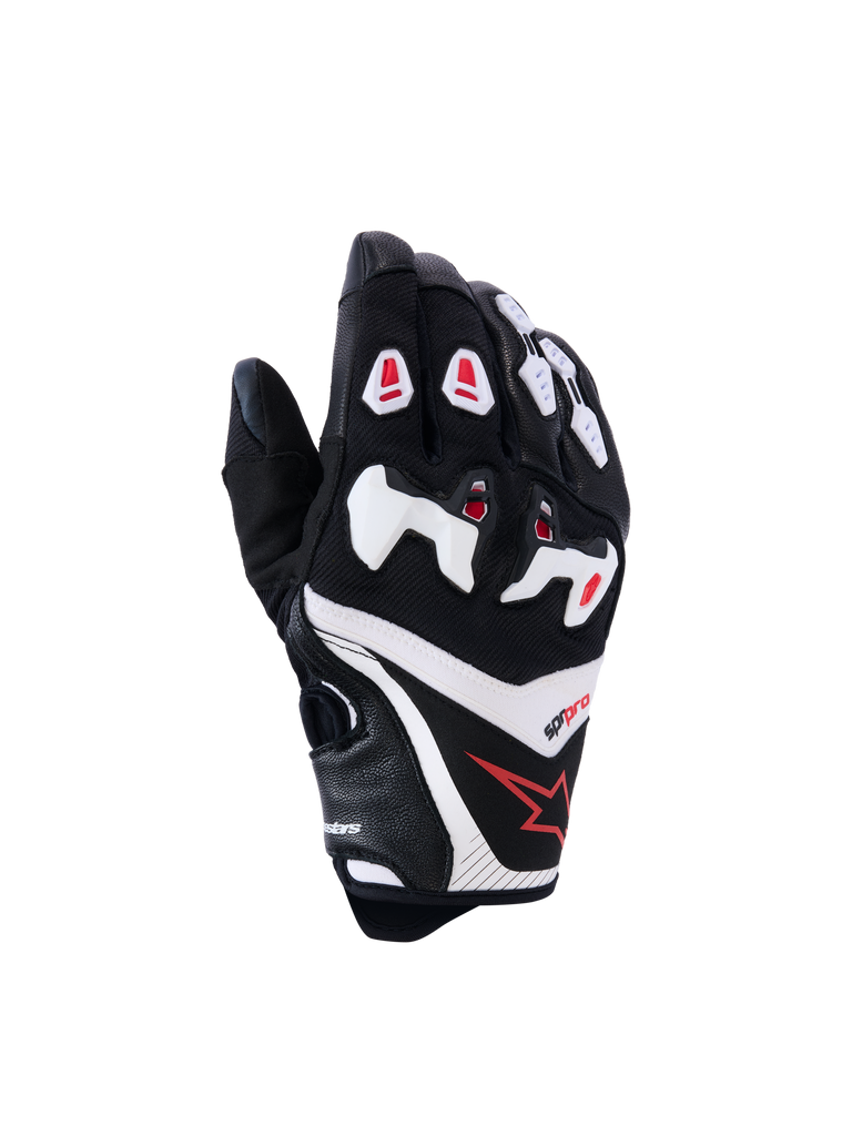 Alpinestars SP-R Pro Gloves, Motorcycle Racing Gloves, Black with White and Red Accents, Backhand View featuring Divided TPU Knuckle Protection, Textured Leather and Mesh Construction, Red Star Logo on the wrist