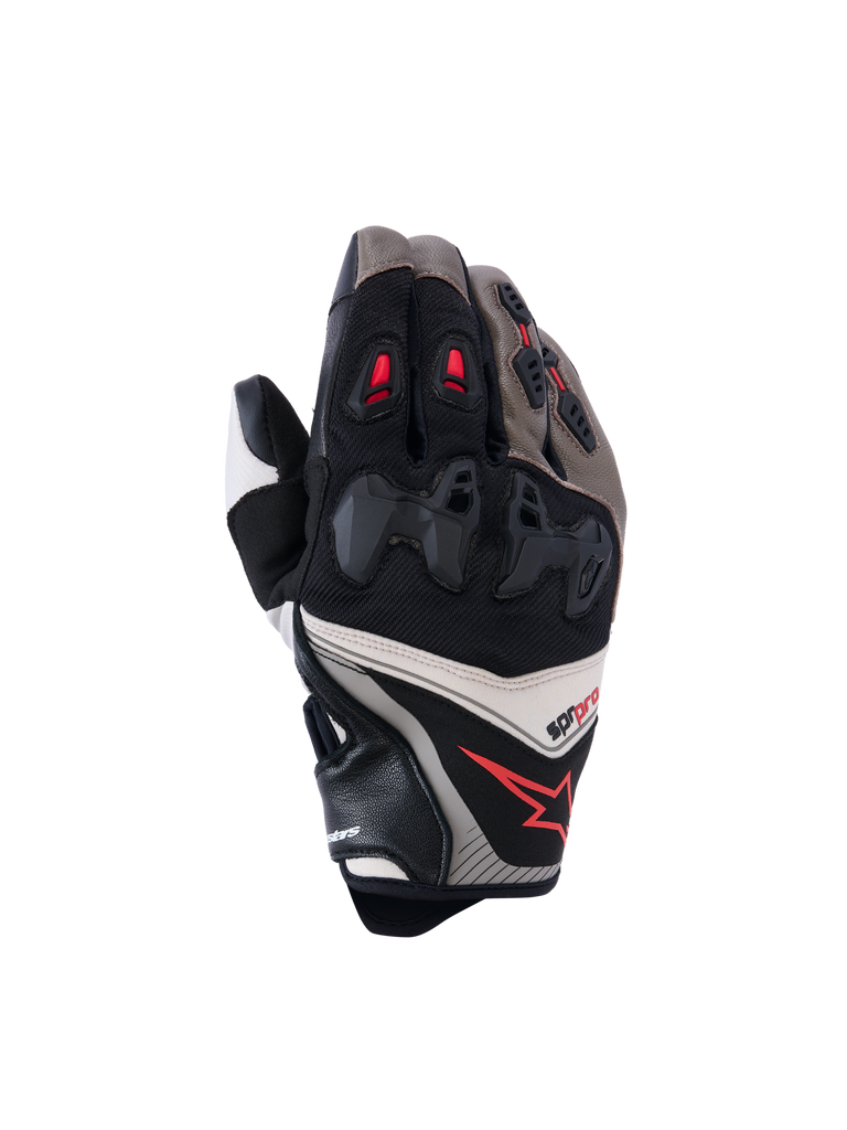 Alpinestars SP-R Pro Gloves, Motorcycle Racing Gloves, Walnut, Mastic, and Black with Red Accents, featuring divided hard knuckle protection, leather and textile construction, performance sport design