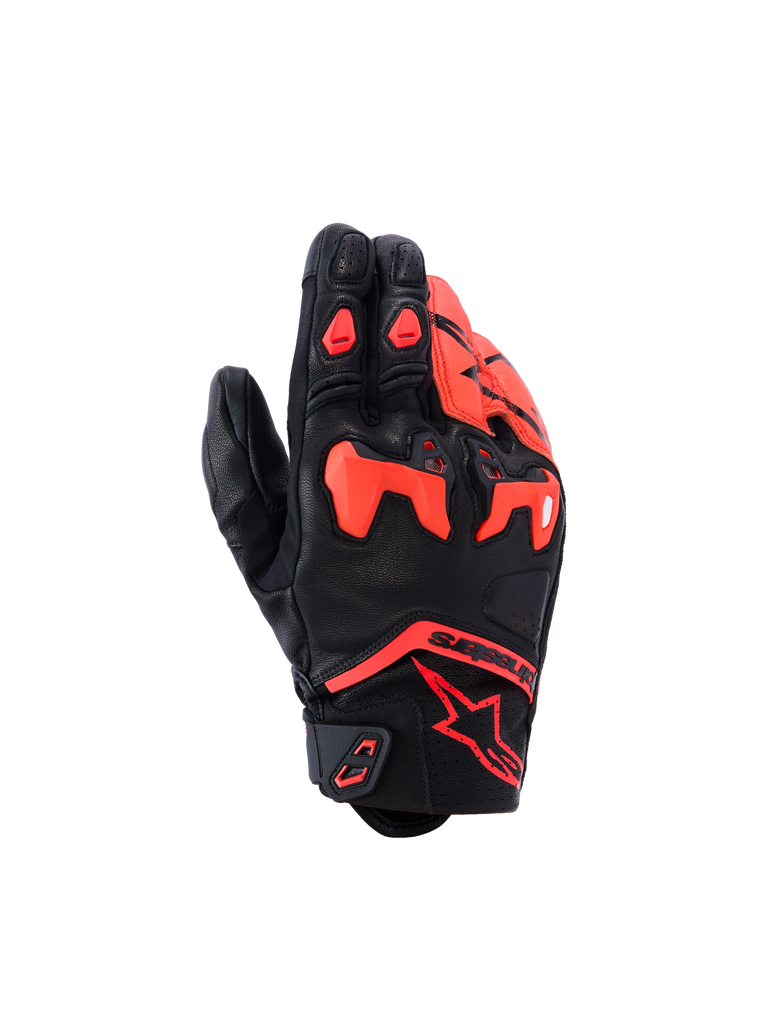 Alpinestars SP-R Tech Gloves, Motorcycle Gloves, Black and Red Fluo, featuring divided TPU knuckle protection and perforated leather panels, short cuff sport riding design with red Astars logo