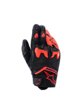 Alpinestars SP-R Tech Gloves, Motorcycle Gloves, Black and Red Fluo, featuring divided TPU knuckle protection and perforated leather panels, short cuff sport riding design with red Astars logo