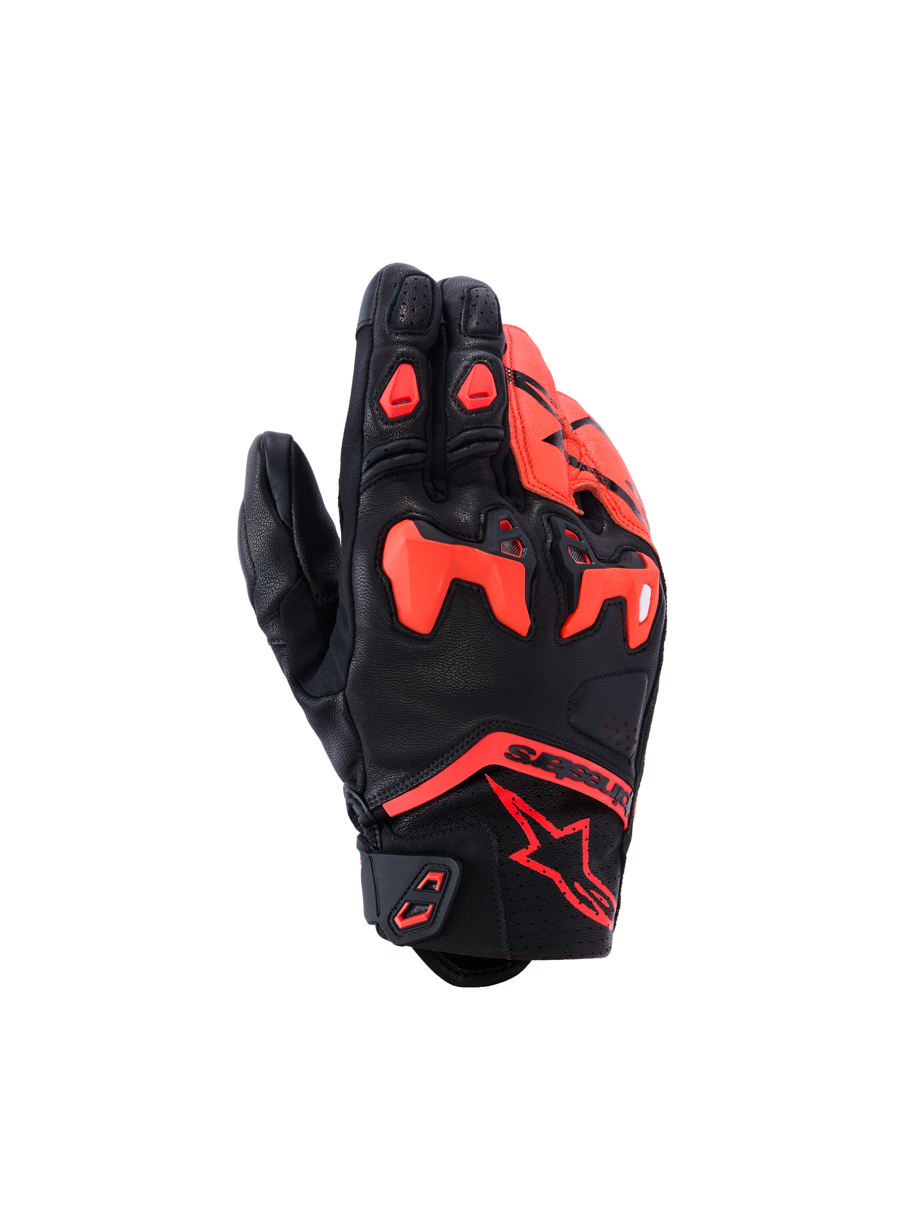 Alpinestars SP-R Tech Gloves, Motorcycle Gloves, Black and Red Fluo, featuring divided TPU knuckle protection and perforated leather panels, short cuff sport riding design with red Astars logo