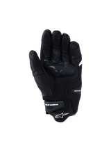 Alpinestars SP-R Tech Gloves, Black leather motorcycle gloves, palm view showing reinforced grip zones and star logo, elasticated wrist with Alpinestars branding, sport riding gear with goat leather construction