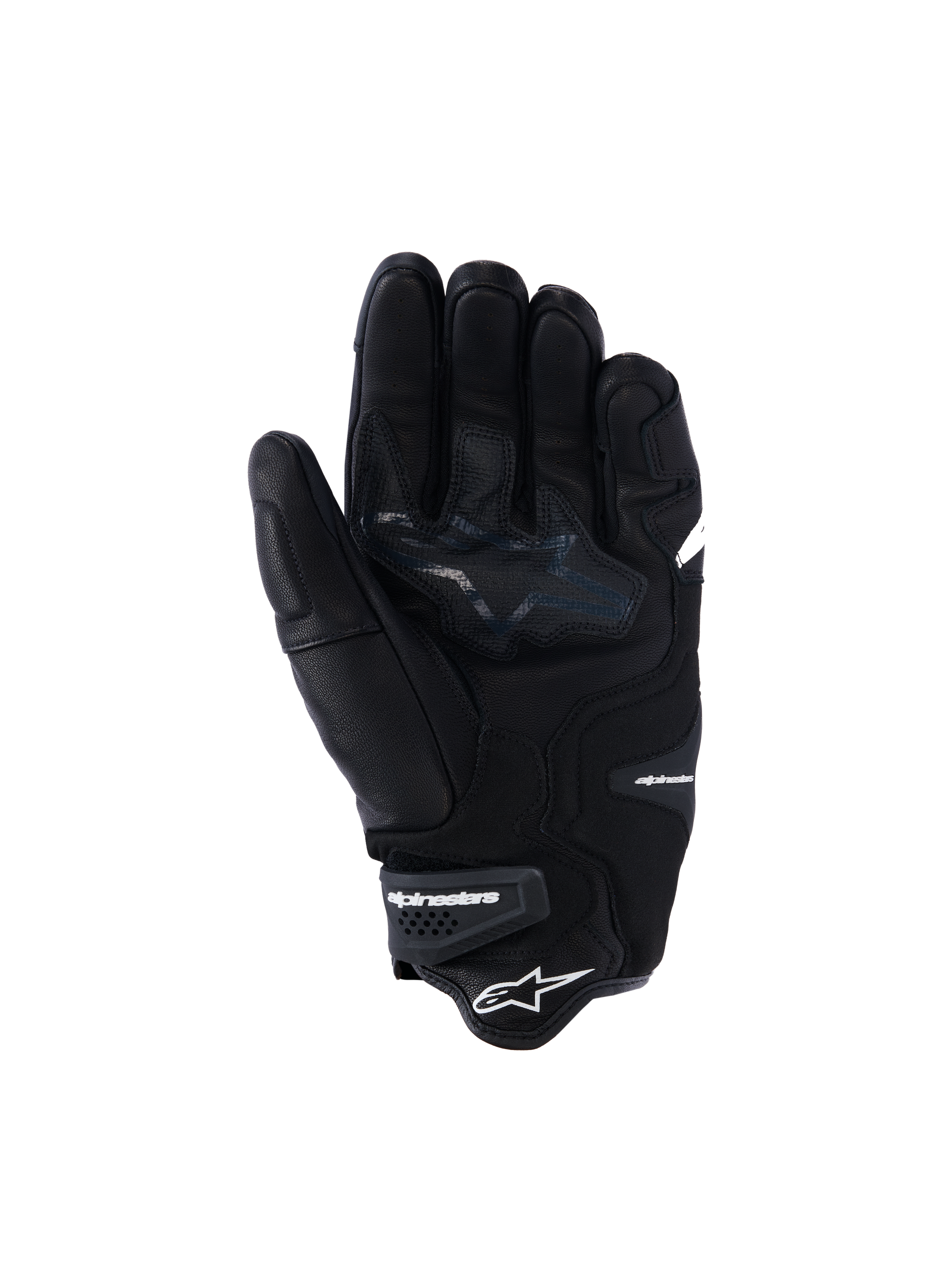 Alpinestars SP-R Tech Gloves, Black leather motorcycle gloves, palm view showing reinforced grip zones and star logo, elasticated wrist with Alpinestars branding, sport riding gear with goat leather construction