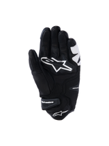 Alpinestars SP-R Tech Gloves, Black and White, palm view showing reinforced leather construction, large white Alpinestars logo on the palm, and a short cuff with branded velcro strap, sport and racing motorcycle gloves