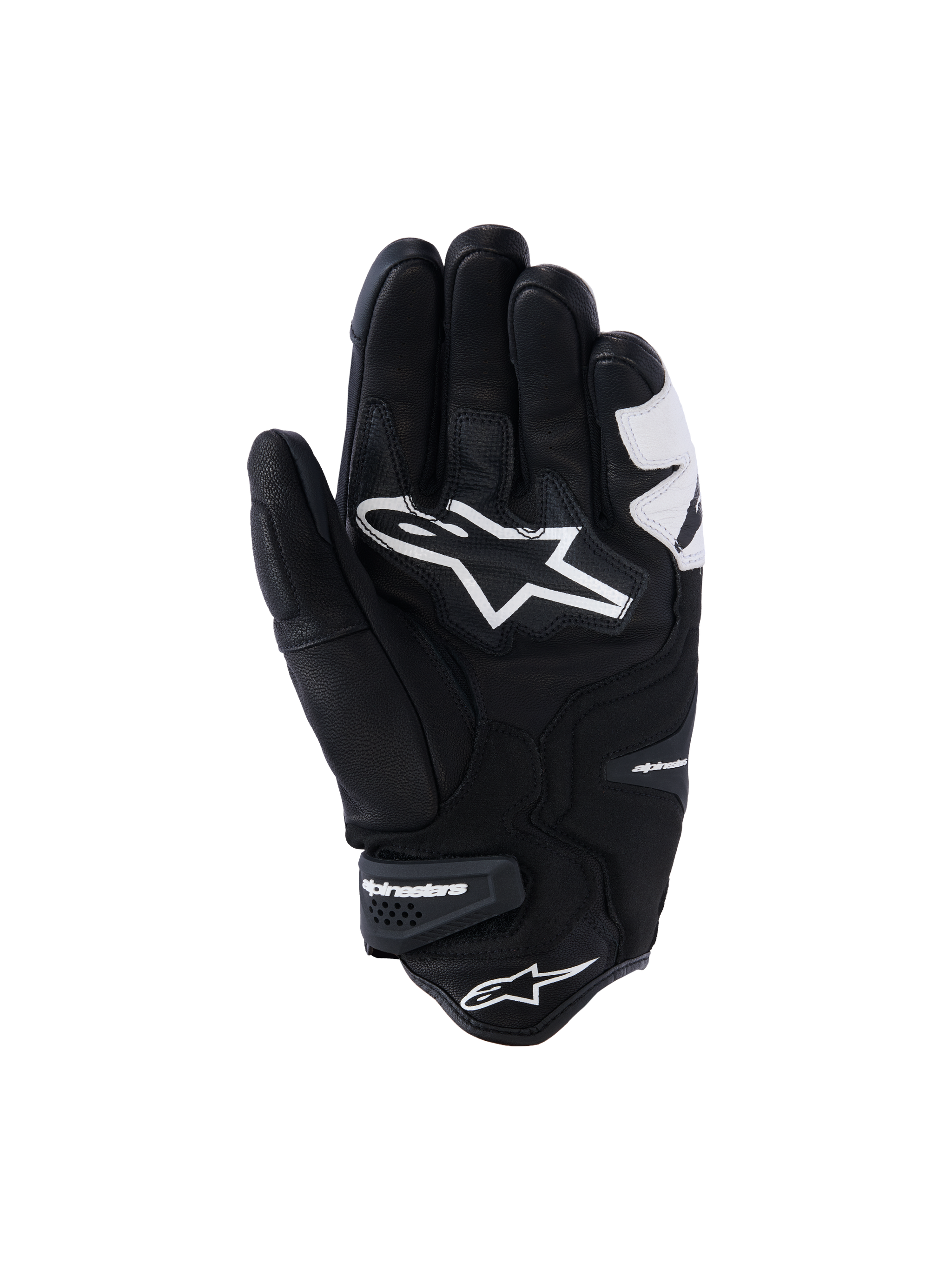 Alpinestars SP-R Tech Gloves, Black and White, palm view showing reinforced leather construction, large white Alpinestars logo on the palm, and a short cuff with branded velcro strap, sport and racing motorcycle gloves