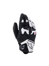 Alpinestars SP-R Tech Gloves, Motorcycle Racing Gloves, Black and White, featuring a white TPU divided knuckle protector, perforated leather construction, Alpinestars branding on the cuff, and red finger accents, short-cuff sport design.