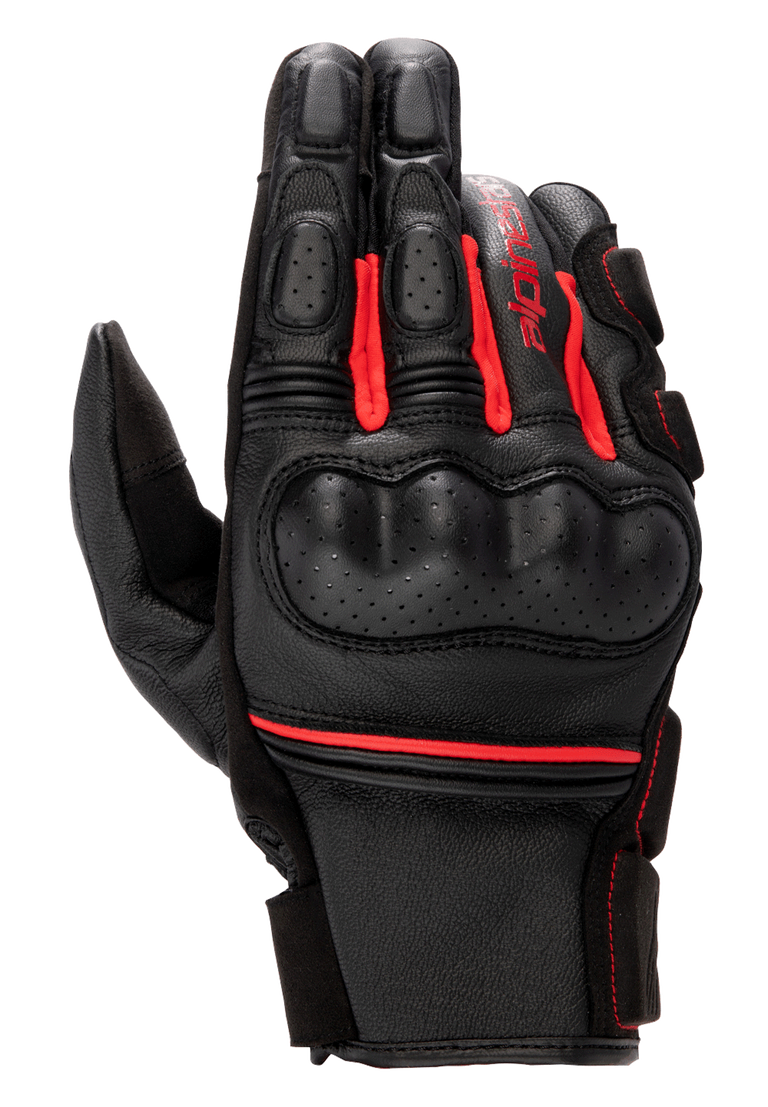 Alpinestars Phenom Leather Gloves, Motorcycle Racing Gloves, Black and Bright Red, perforated hard knuckle guard, premium goat leather construction, red accordion stretch inserts, and Alpinestars branding on the side.