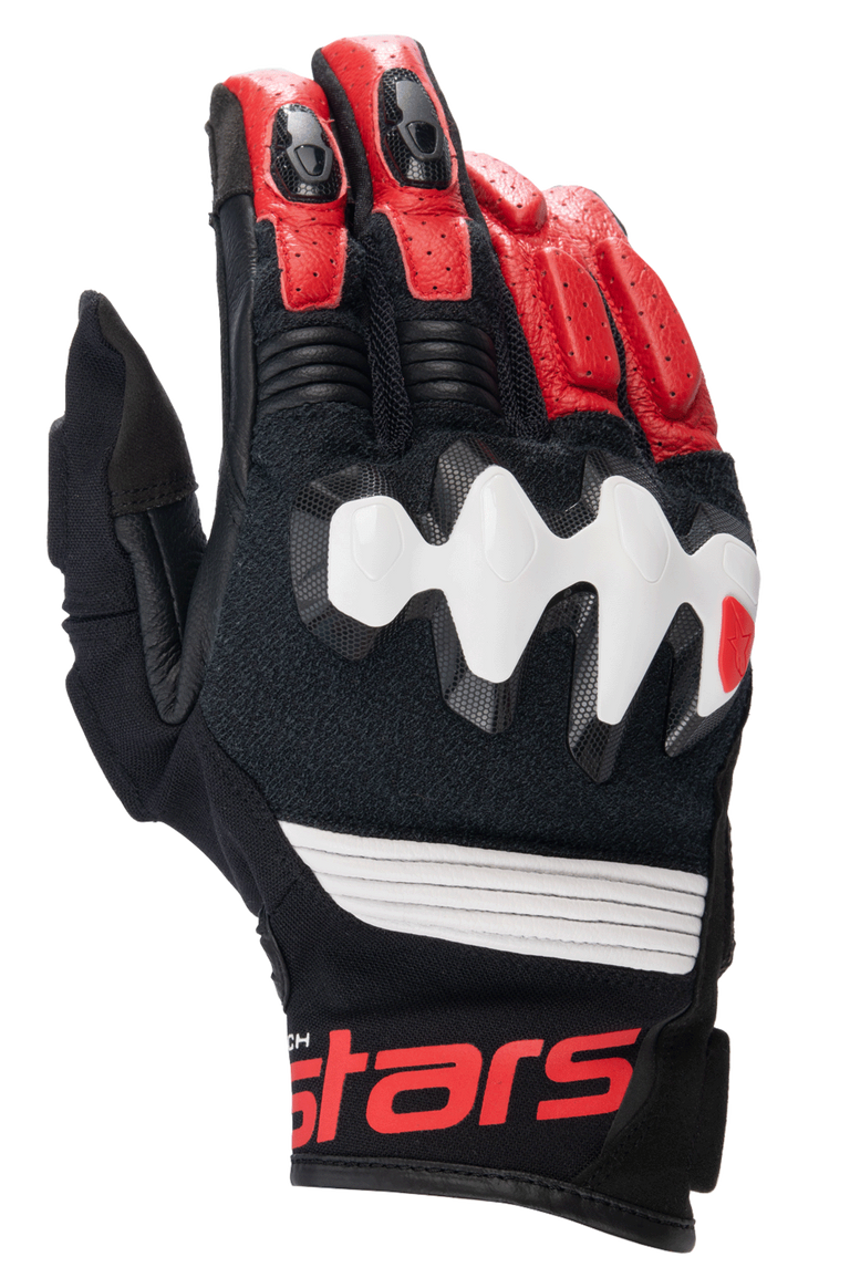 Alpinestars Halo Leather Gloves, Men's Adventure Motorcycle Gloves, Black and Bright Red with White Knuckle Guard.