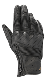 Alpinestars Rayburn V2 Leather Gloves, Black, urban motorcycle gloves with perforated leather construction, ribbed accordion inserts on fingers and backhand, side zipper closure, and heritage-inspired styling.