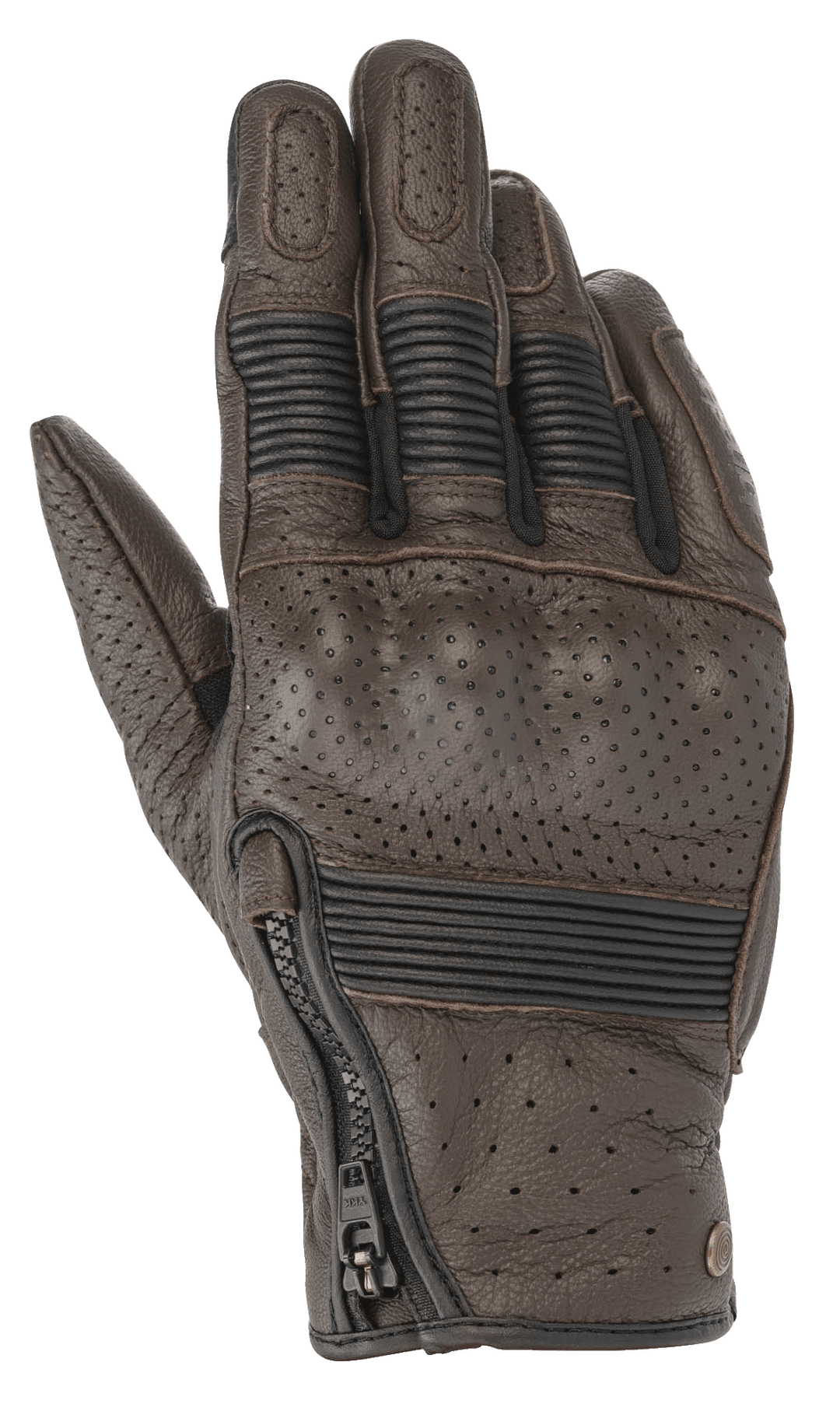 Alpinestars Rayburn V2 Leather Gloves, Tobacco Brown, heritage-inspired leather motorcycle gloves featuring perforated panels, covered hard knuckle protection, accordion stretch inserts on fingers, and a side zipper closure.