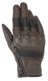Alpinestars Rayburn V2 Leather Gloves, Tobacco Brown, heritage-inspired leather motorcycle gloves featuring perforated panels, covered hard knuckle protection, accordion stretch inserts on fingers, and a side zipper closure.