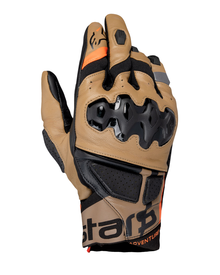 Alpinestars Belize V3 Drystar Gloves, Adventure Motorcycle Gloves, Gobi Brown and Black, featuring injected SP knuckle protection, short cuff design, perforated leather panels, orange accents, and Alpinestars branding on the cuff