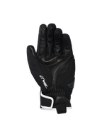 Alpinestars Moblast Waterproof Gloves, Black with Off-White trim, palm side view showing goat leather construction, white Drystar logo on the thumb, and palm slider reinforcement, short-cuff urban motorcycle gear