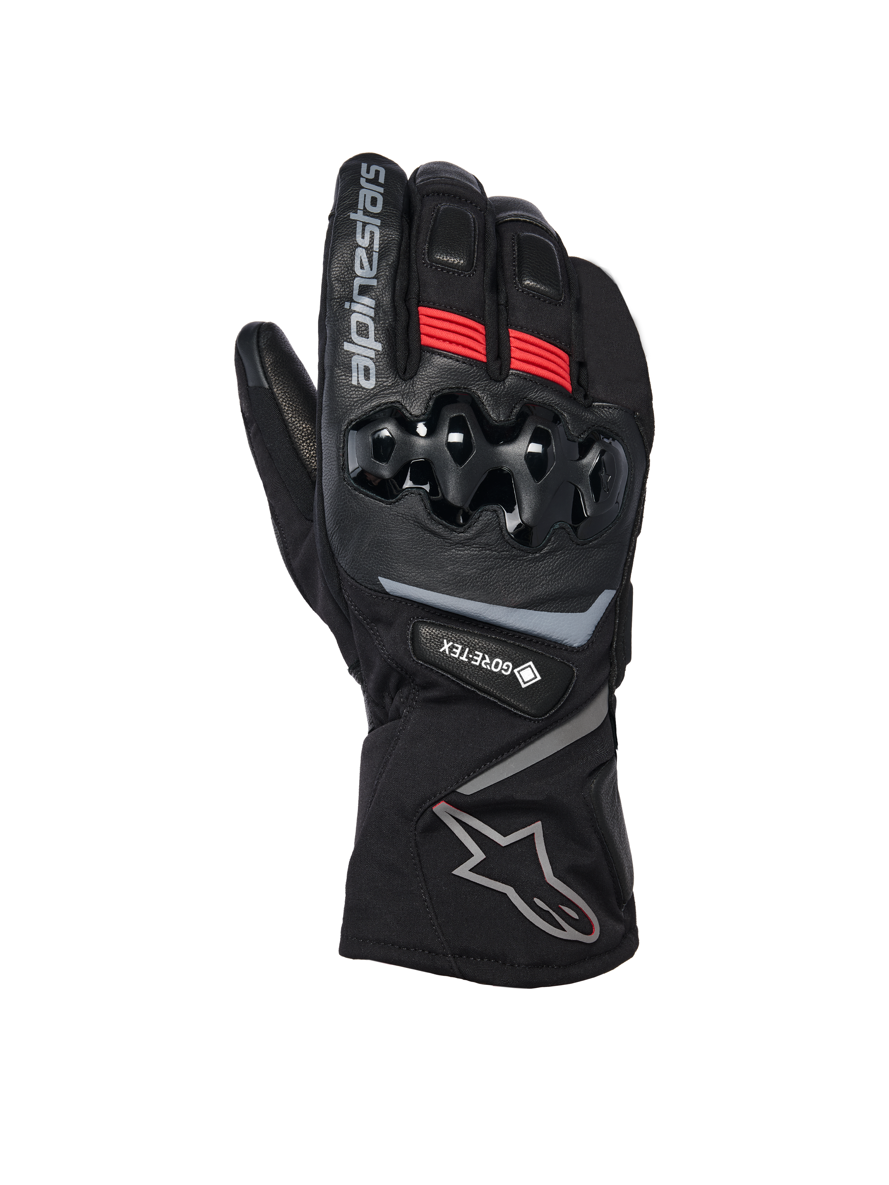 Alpinestars WT-8 GORE-TEX Insulated Gloves, Motorcycle Winter Gloves, Black with red accents and silver logos, featuring hard TPU knuckle protection, long cuff, and GORE-TEX waterproofing for cold weather riding