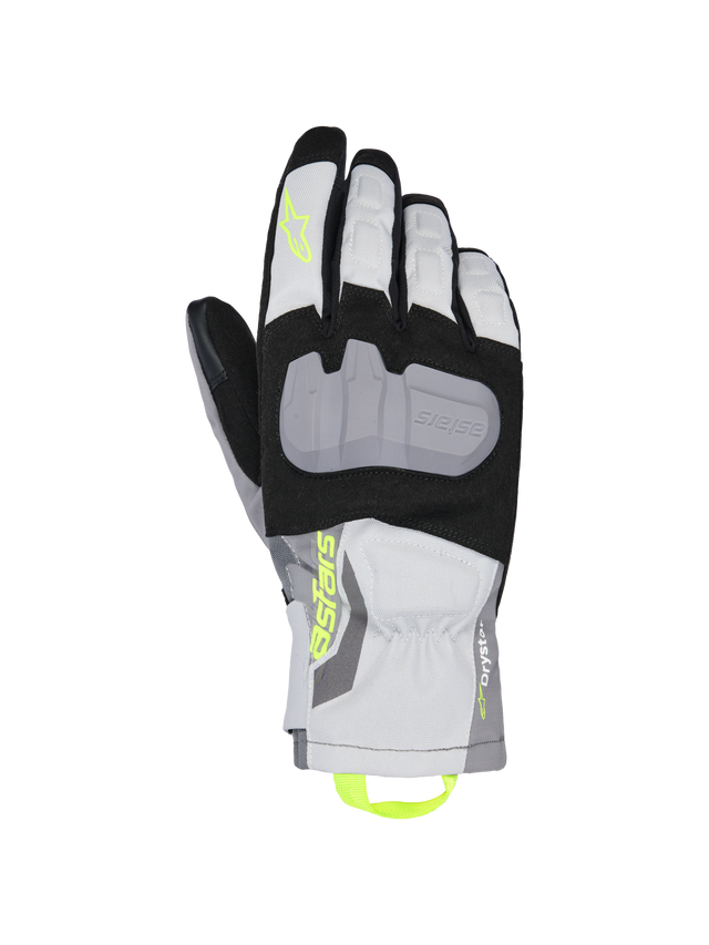 Alpinestars XT-3 Drystar Insulated Gloves, Motorcycle Touring Gloves, Black Gray and White, featuring a large gray protective knuckle plate, neon yellow Astars branding and pull loop, waterproof textile construction with mid-length cuff.