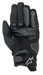 Alpinestars Smx-1 Drystar® Gloves, Waterproof Motorcycle Gloves, Black, palm view showing reinforced leather and synthetic suede construction, padded landing zones for durability, and a wrist closure with the white Alpinestars logo.