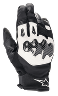 Alpinestars SMX-1 Drystar® Gloves, Short Cuff Motorcycle Riding Gloves, Black and White, featuring carbon fiber effect knuckle protection, white leather backhand panel, waterproof and breathable Drystar® construction, Alpinestars logo on the wrist