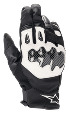 Alpinestars SMX-1 Drystar® Gloves, Short Cuff Motorcycle Riding Gloves, Black and White, featuring carbon fiber effect knuckle protection, white leather backhand panel, waterproof and breathable Drystar® construction, Alpinestars logo on the wrist