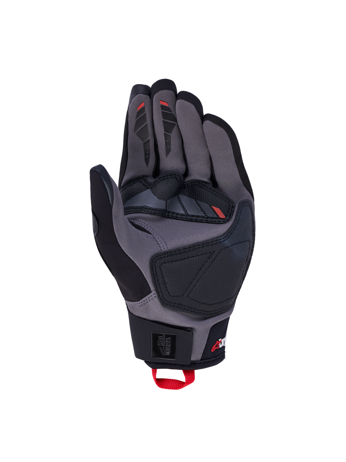 Alpinestars Maxdura Drystar Gloves, all-terrain motorcycle touring gloves in black deep gray with red details, featuring waterproof Drystar membrane and tech suede palm reinforcements