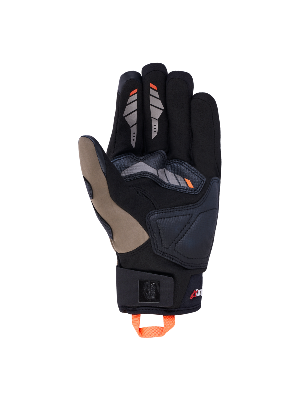 Alpinestars Maxdura Drystar Gloves, all-terrain motorcycle adventure gloves, Walnut Black and orange, waterproof textile construction with suede palm and touchscreen fingertips