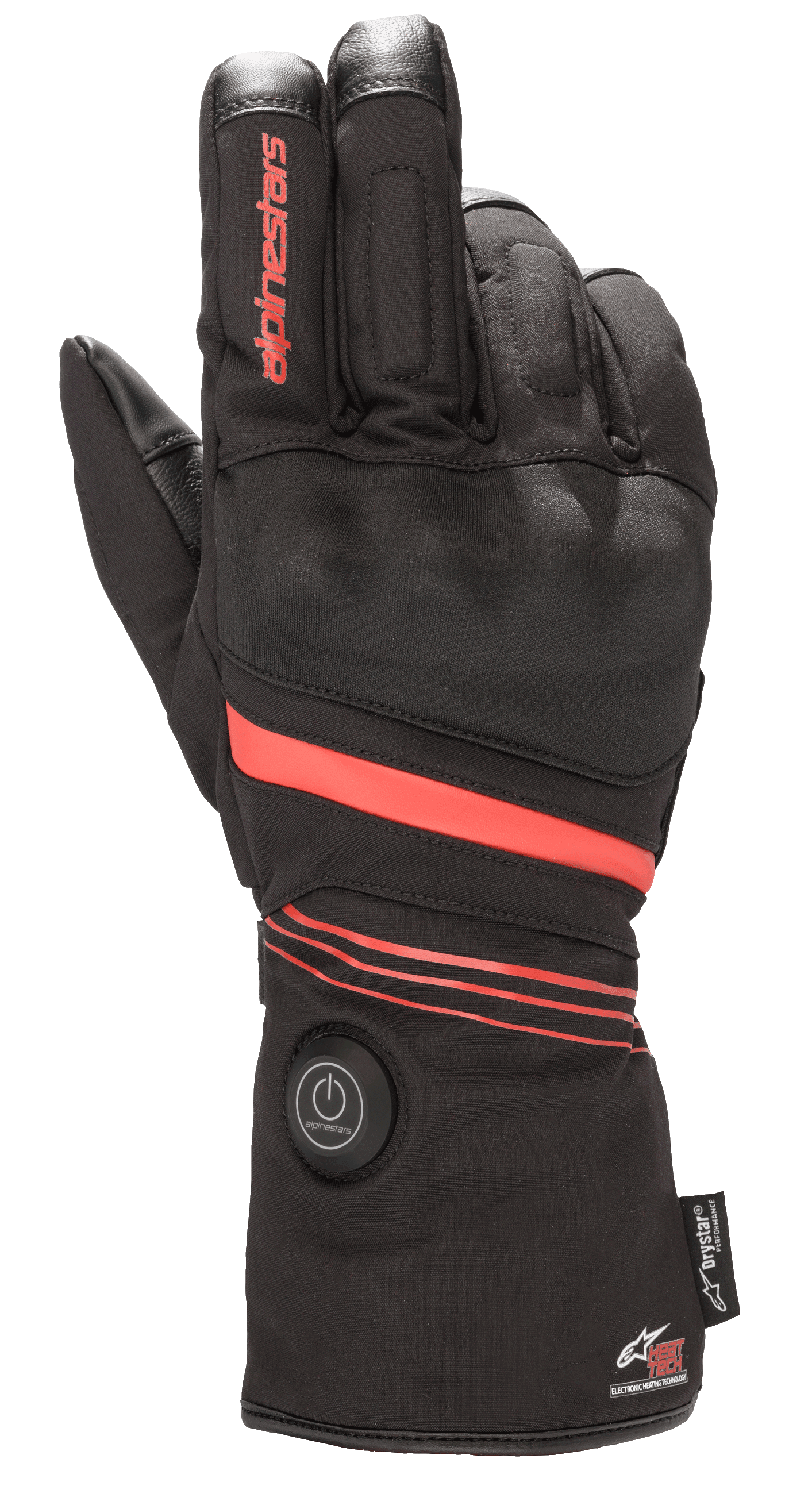 Alpinestars HT-5 Heat Tech Drystar® Gloves, Heated Motorcycle Gloves, Black with Red accents, featuring a circular power button on the cuff, red stripes across the hand and wrist, Alpinestars branding on the finger, designed for waterproof cold weather protection