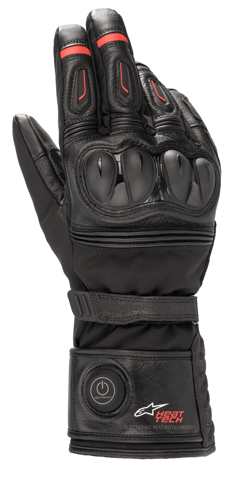 Alpinestars HT-7 Heat Tech Drystar Gloves, Heated Motorcycle Gloves, Black with Red accents, electronic Heat Tech system with cuff power button, TPU knuckle protection, waterproof Drystar technology, leather and textile construction