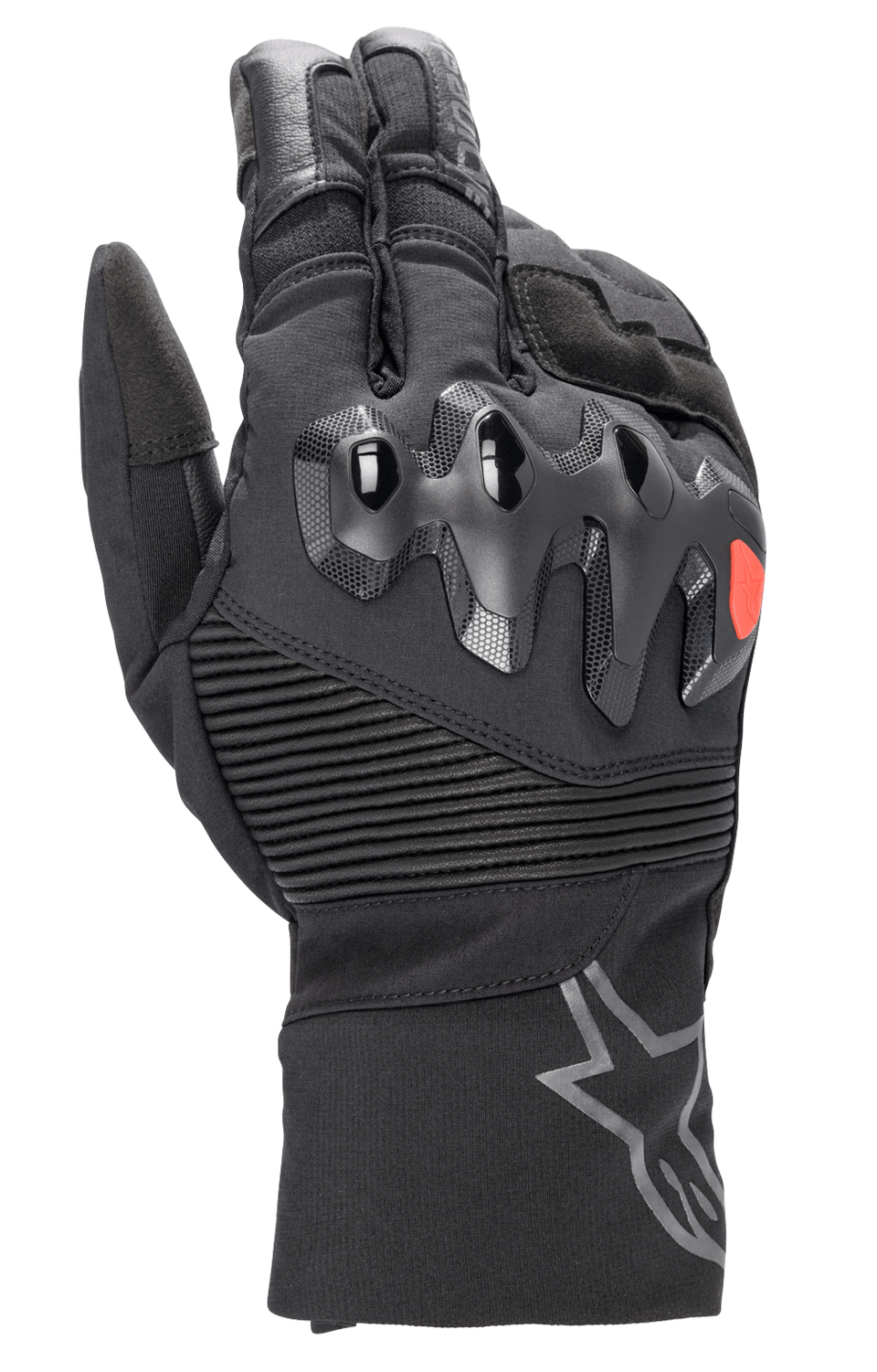 Alpinestars Bogota Drystar XF Gloves, full-length motorcycle touring gloves, black with a red logo accent, featuring over-injected knuckle protection, ribbed stretch wrist panels, and a long cuff with a grey star logo.