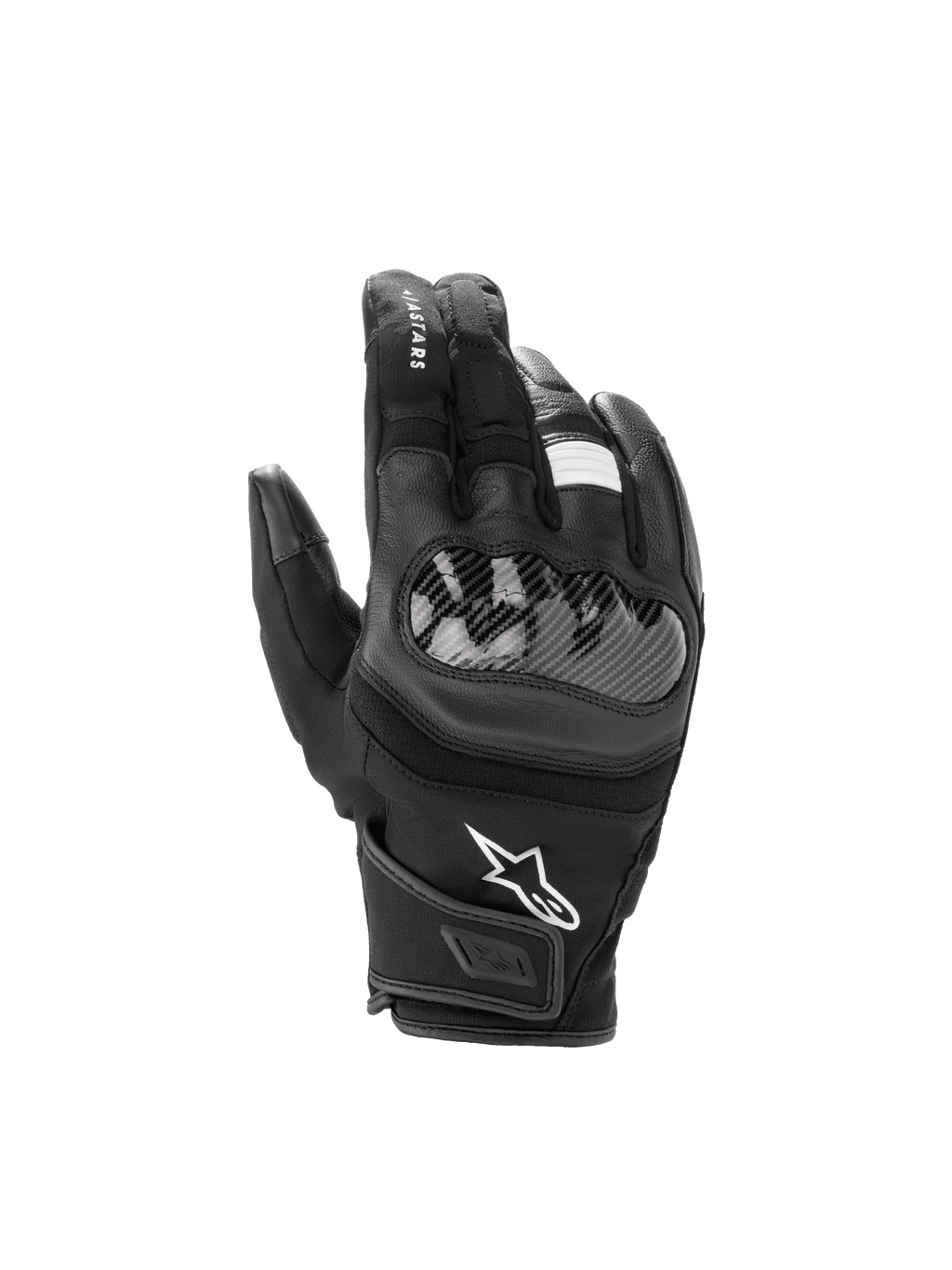 Alpinestars SMX Z Drystar Gloves, waterproof black leather motorcycle gloves with a hard knuckle protector and short cuff.