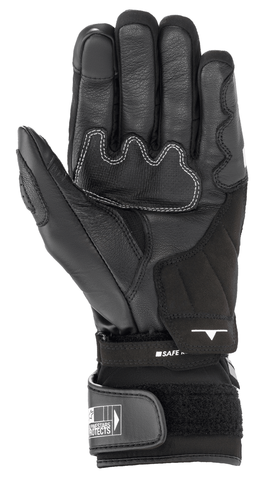 Alpinestars SP-365 Drystar® Gloves, Black motorcycle glove palm view, featuring reinforced leather construction with white contrast stitching, adjustable hook-and-loop cuff closure, and Alpinestars branding, performance all-weather riding gear