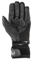 Alpinestars SP-365 Drystar® Gloves, Black motorcycle glove palm view, featuring reinforced leather construction with white contrast stitching, adjustable hook-and-loop cuff closure, and Alpinestars branding, performance all-weather riding gear