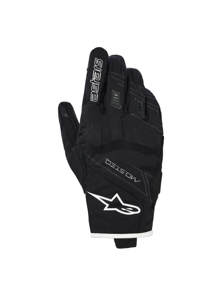 Alpinestars Stella Moblast Waterproof Gloves, Women's Motorcycle Gloves, Black with white trim, backhand view showing Alpinestars logo, MO.ST.EQ branding, and soft knuckle protection.