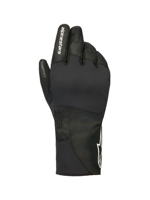 Alpinestars Stella WT-1 Drystar Insulated Gloves, Women's Motorcycle Winter Gloves, Black, white alpinestars branding on the index finger and star logo on the cuff, waterproof textile and suede construction for cold weather commuting