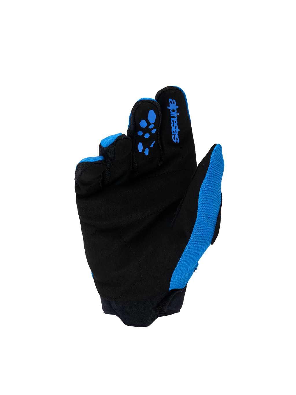 Alpinestars Youth & Kids Full Bore V2 Gloves, Motocross Gloves, UCLA Blue and Black, palm view featuring reinforced black synthetic suede and blue silicone grip patterns on the fingers, blue Alpinestars branding on the index finger, high-performance off-road gear for young riders
