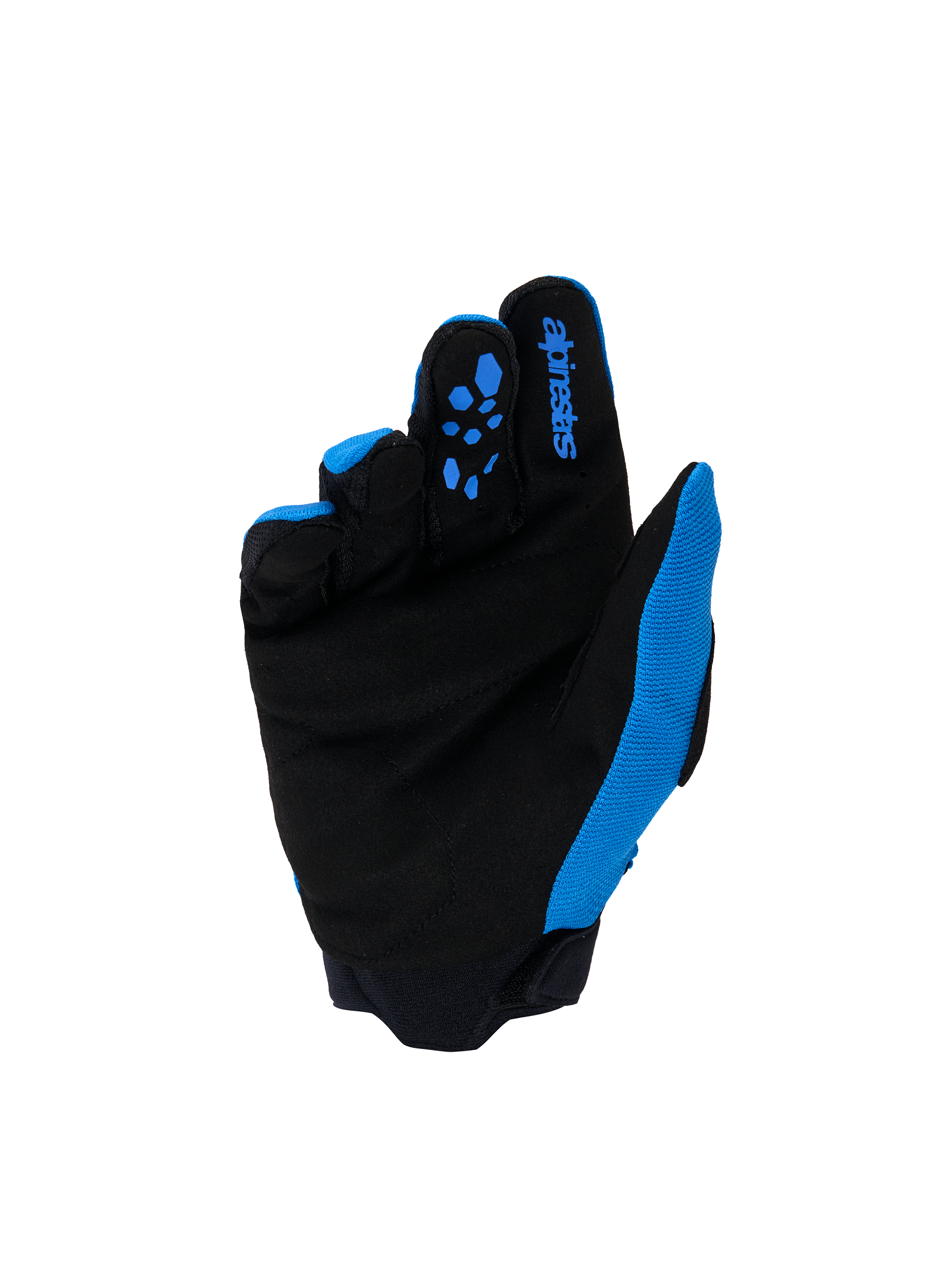 Alpinestars Youth & Kids Full Bore V2 Gloves, Motocross Gloves, UCLA Blue and Black, palm view featuring reinforced black synthetic suede and blue silicone grip patterns on the fingers, blue Alpinestars branding on the index finger, high-performance off-road gear for young riders