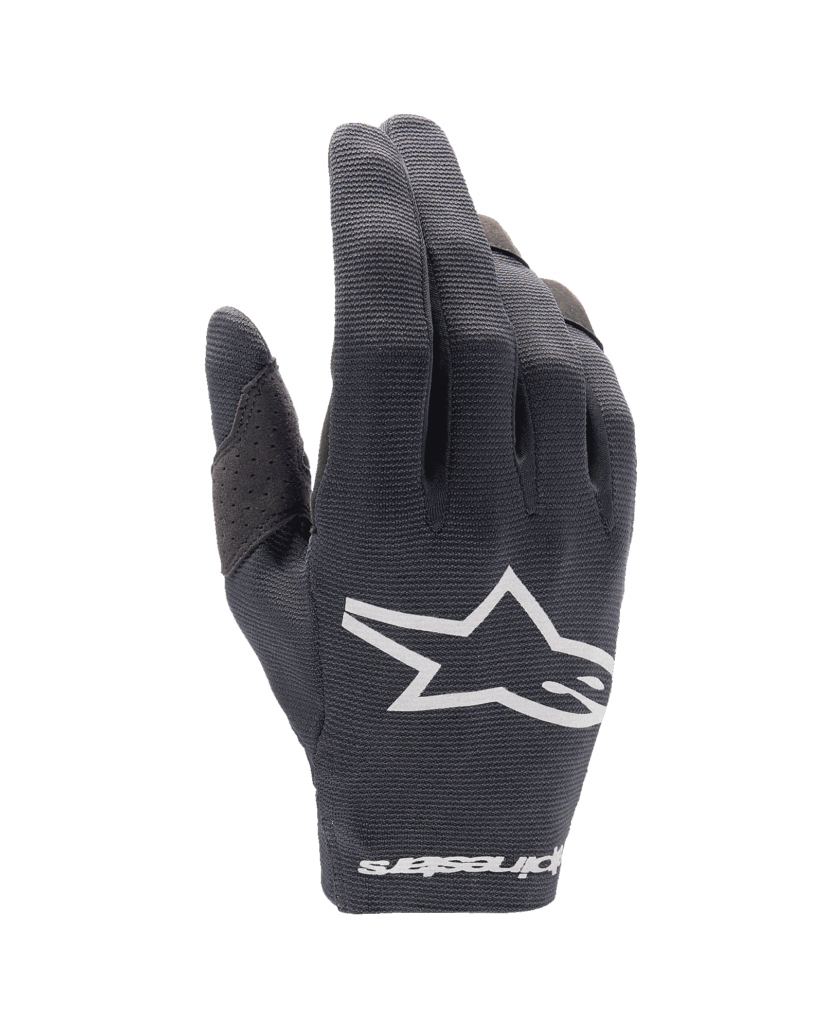 Alpinestars Youth 2024 Radar Gloves, Black Motocross Gloves, Youth MTB Gloves, White Star Logo, Perforated Design for Breathability, Flexible Textile Construction, Sporty Performance Gloves