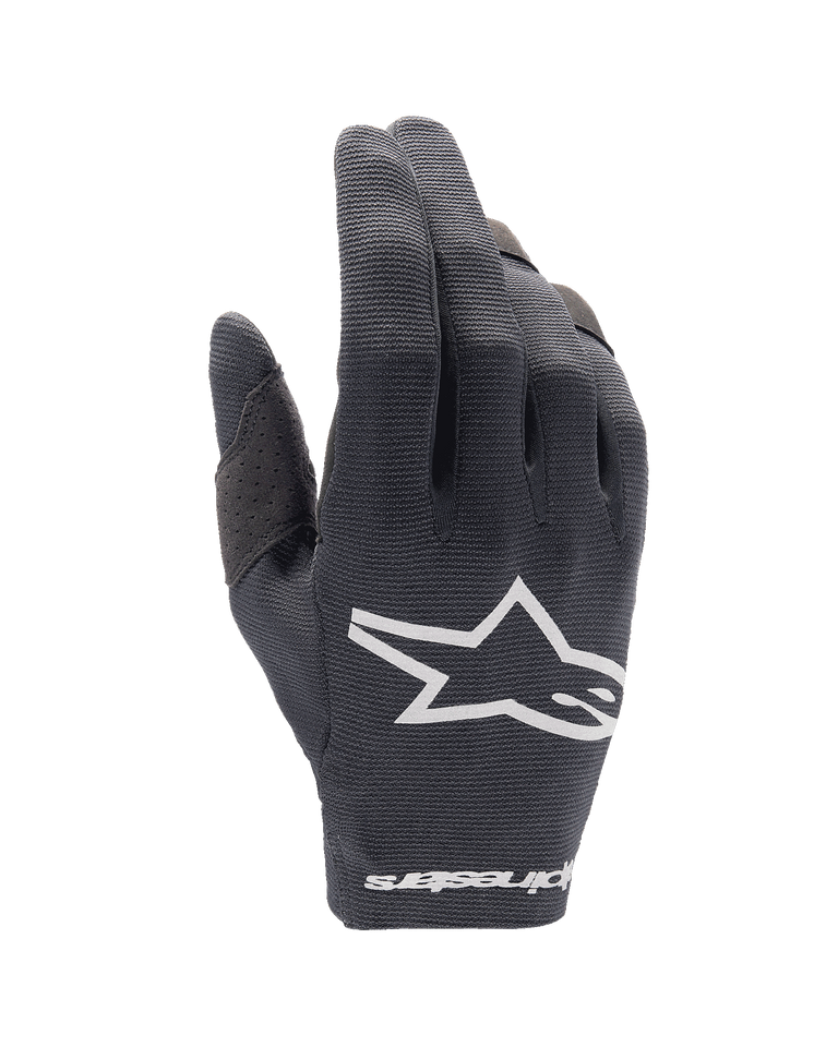 Alpinestars Youth 2024 Radar Gloves, Black Motocross Gloves, Youth MTB Gloves, White Star Logo, Perforated Design for Breathability, Flexible Textile Construction, Sporty Performance Gloves