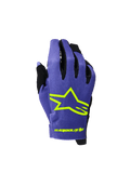 Alpinestars 2026 Youth Radar Gloves, Motocross and MTB Gloves, Purple and Yellow Fluo, featuring a bold neon yellow star logo and branding, black accents between fingers, lightweight textured fabric for off-road racing
